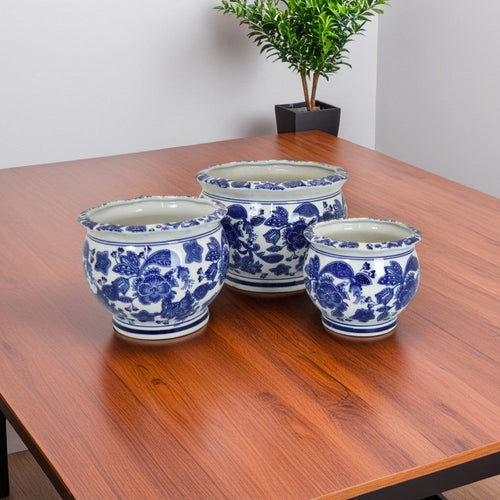 3pc Modern Planter, Japanese Inspired Art Design, Blue White Ceramic