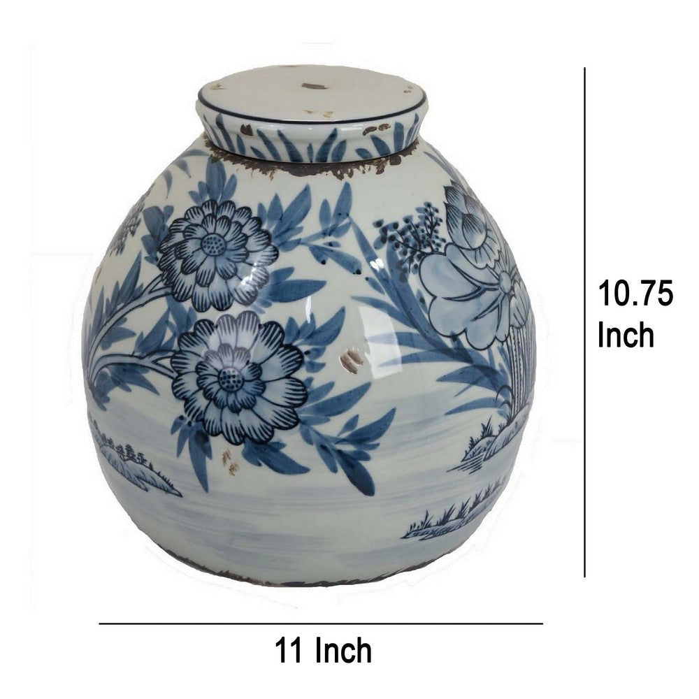 Accent Ginger Jar with Lid Blue and White Ceramic Floral Pattern BM330965