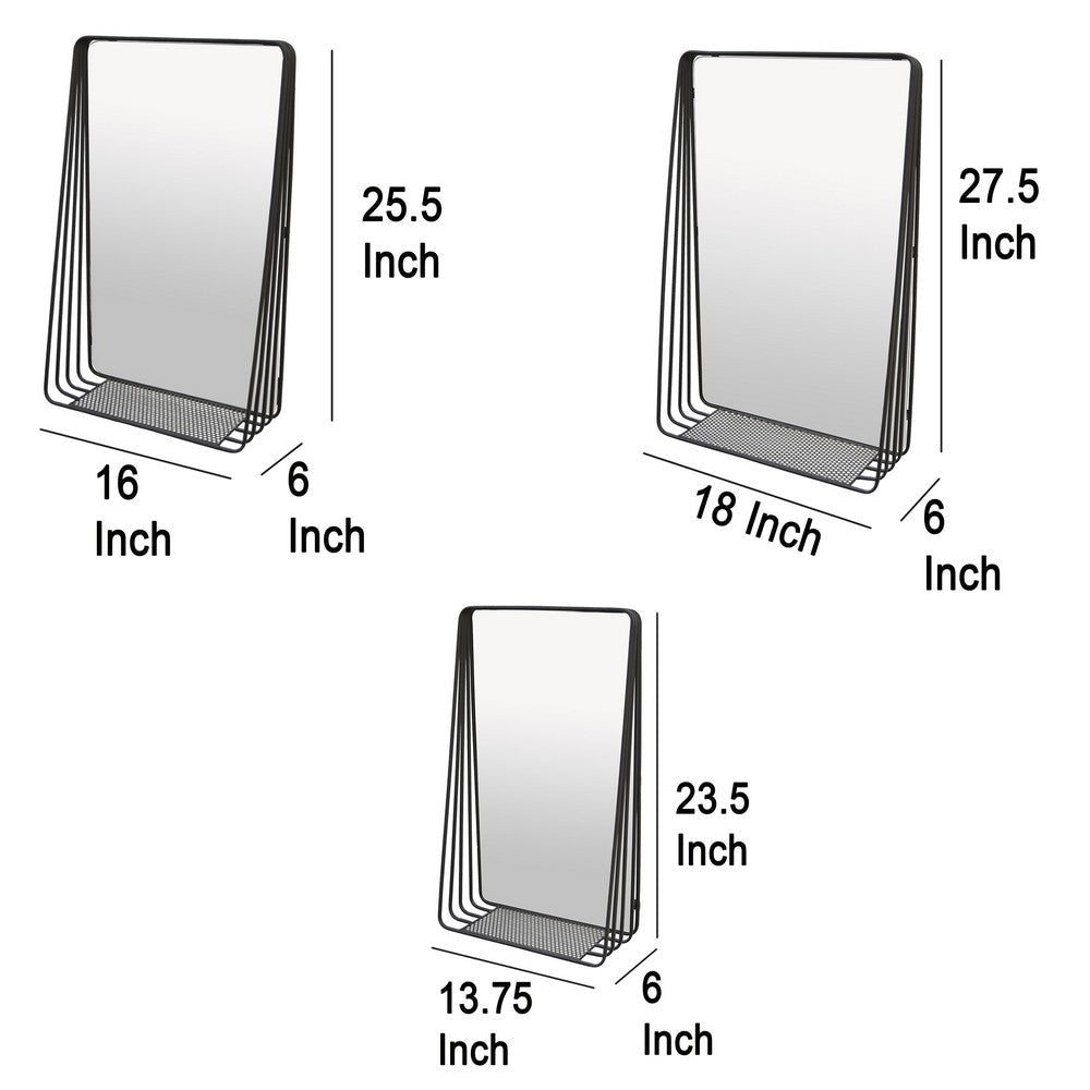 3pc Decorative Wall Mirror with Shelf Set Black Metal Rectangular BM330980
