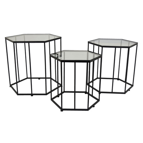 Kellie Plant Stand Table Set of 3, Black Metal, Hexagon Glass Tops