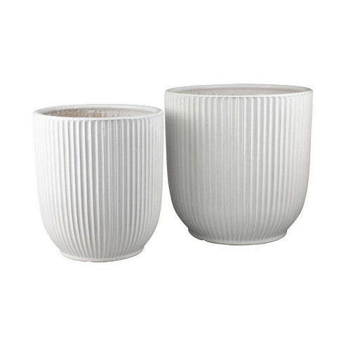 Lyna Accent Planter Set of 2, White Ceramic, Vertical Ribbed Texture