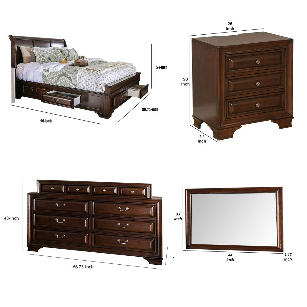 Lio Four Piece King Size Bedroom Set Cherry Brown Wood Inlay Design Silver Metal Handles