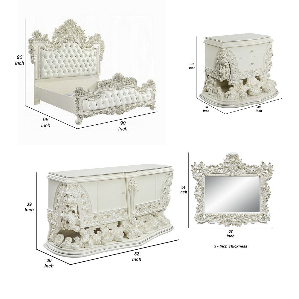 Bo Four Piece Full Bedroom Set Baroque Style White Faux Leather Uphosltery BM331135