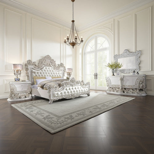 Bo Four Piece Full Bedroom Set, Baroque Style, White Faux Leather Uphosltery
