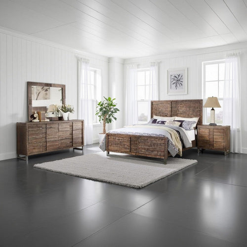 Liza Four Pc Queen Bedroom Set, Plank Style Rustic Brown Wood, Nickel Sled Metal Base