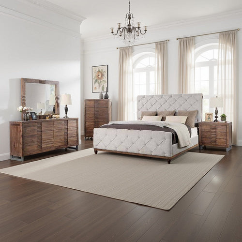 Liza Four Pc Queen Bedroom Set, Tufted Gray Upholstery, Brown Wood, Nickel Sled Base