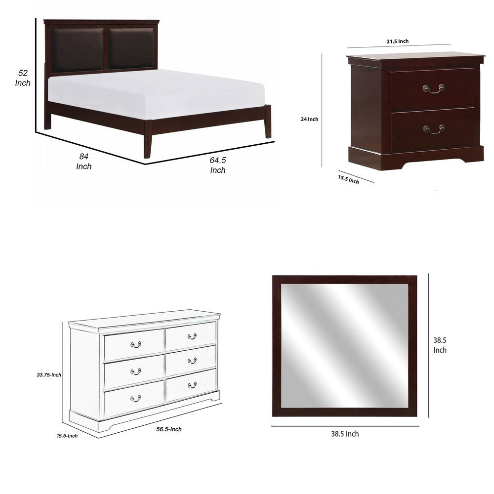 Balli 4 Piece Bedroom Set | Queen Size | Cherry Brown | Black Leather Panels BM331168