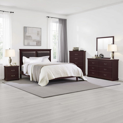 Balli 4 Piece Bedroom Set | Queen Size | Cherry Brown | Black Leather Panels