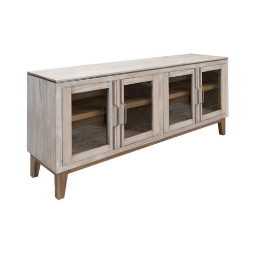 Livvy Console Cabinet, 4 Glass Doors, Ivory White Poplar Wood 69 Inch