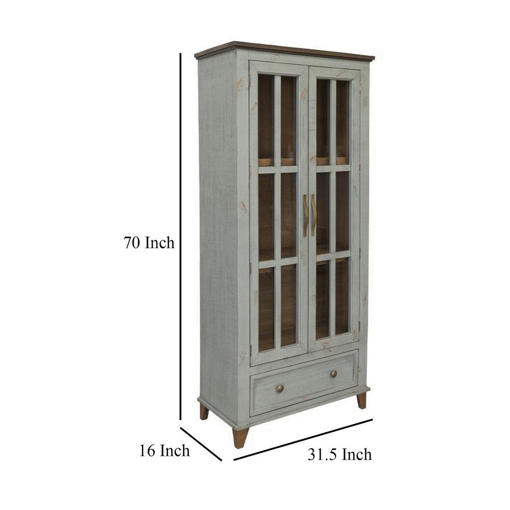 Rozy Accent Cabinet 2 Glass Doors Sage Green Solid Pine Wood 70 Inch