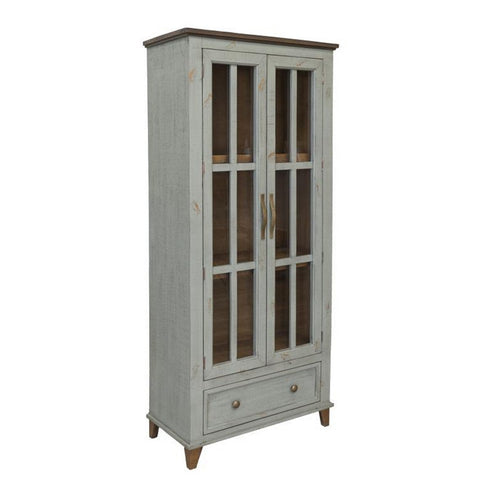 Rozy Accent Cabinet, 2 Glass Doors, Sage Green Solid Pine Wood 70 Inch