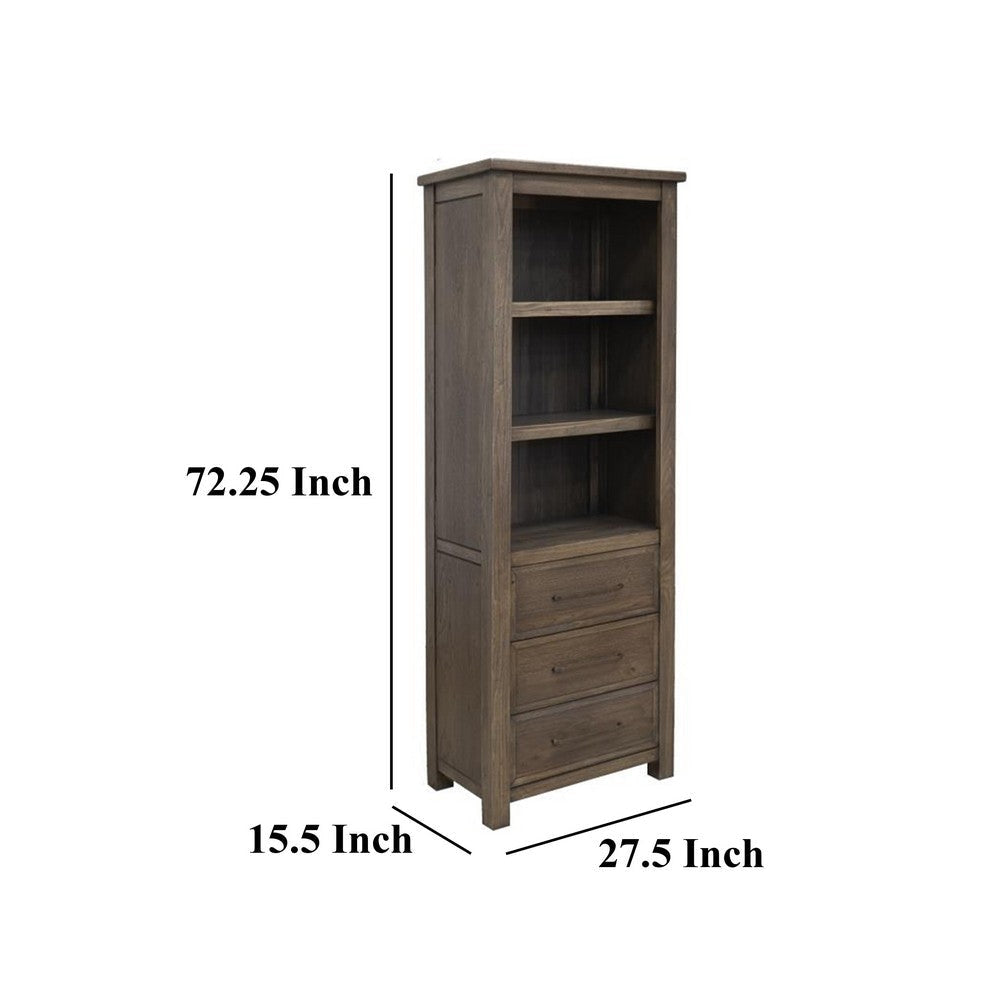 Loe Bookcase with 3 Drawers and Shelves Brown Oak Poplar Wood 72 Inch BM331241