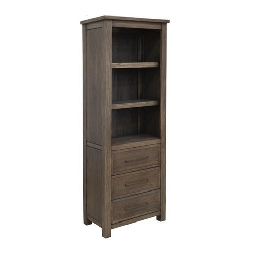 Loe Bookcase with 3 Drawers and Shelves, Brown Oak Poplar Wood 72 Inch