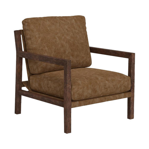 Viny Armchair with Lumbar Pillow, Pine Wood, Cognac Brown Faux Leather