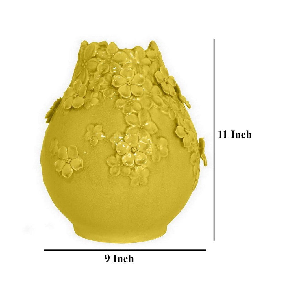 Remi Flower Vase Decorative Yellow Ceramic w Floral Motifs 11 Inch