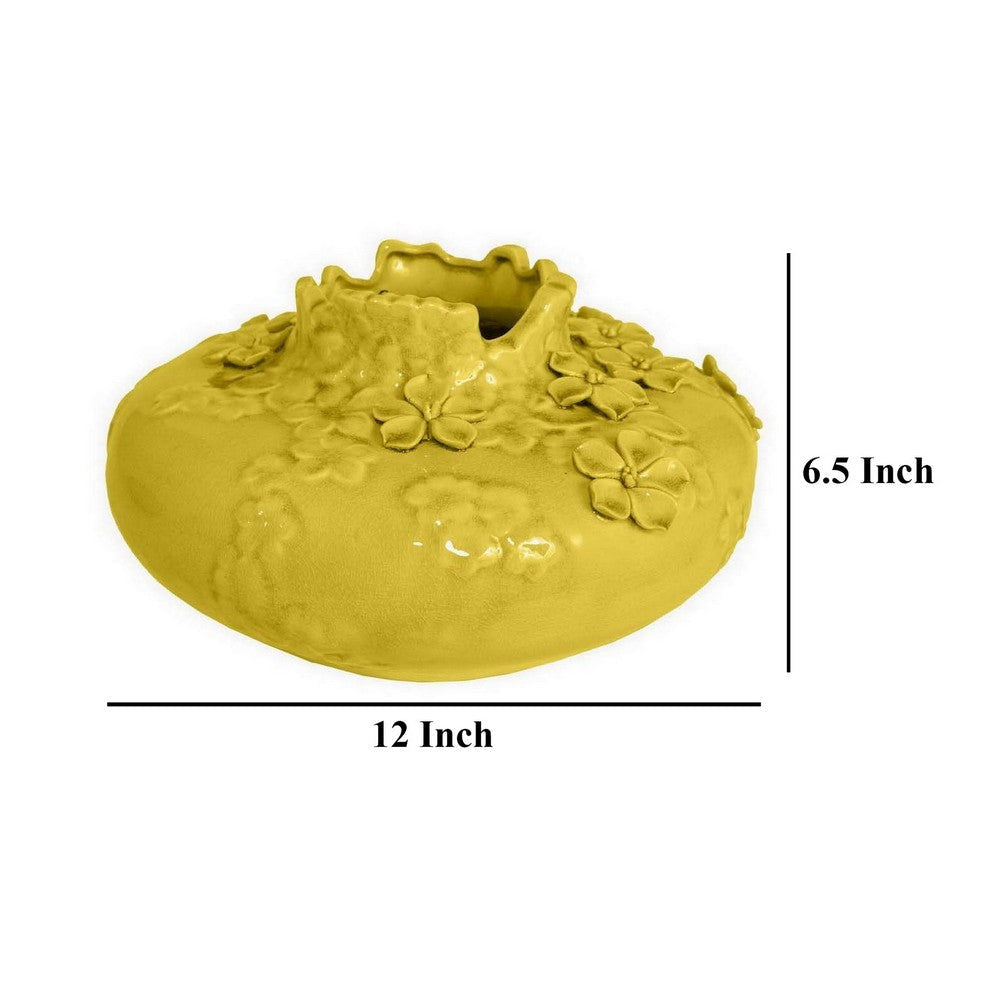 Remi Flower Vase Decorative Yellow Ceramic w Floral Motifs 12 Inch