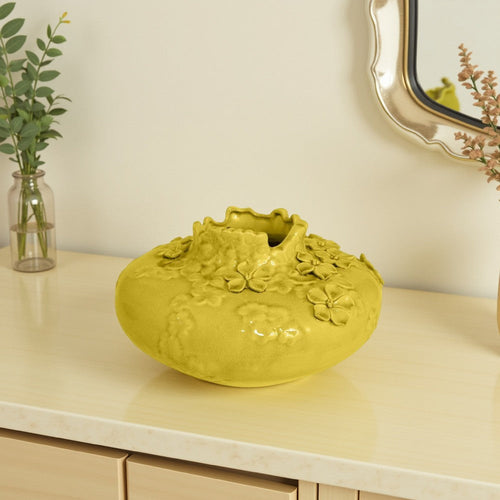 Remi Flower Vase, Decorative Yellow Ceramic w Floral Motifs, 12 Inch