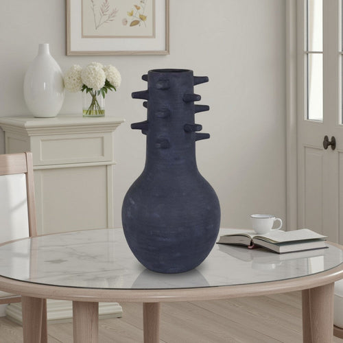 Enya Flower Vase, 3D Spiked Accent Narrow Neck, Black Ceramic, 18 Inch