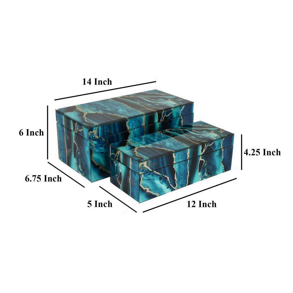Dory Decorative Box Set of 2 Deep Blue Black Faux Marble Accent Glass