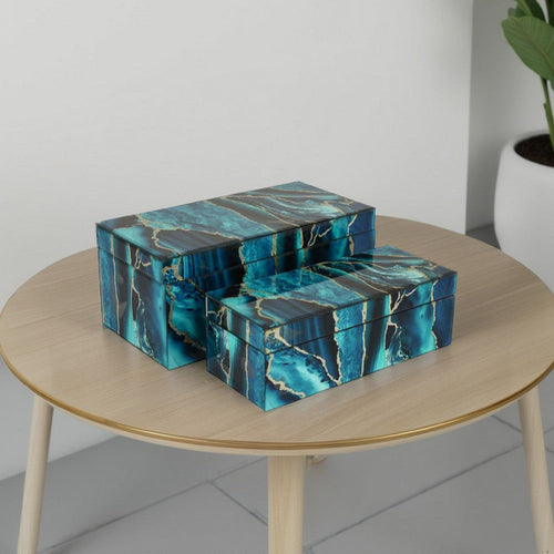 Dory Decorative Box Set of 2, Deep Blue Black Faux Marble Accent Glass