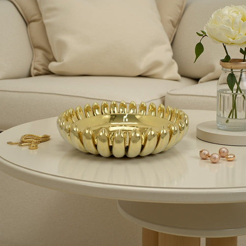 Zoma Accent Bowl, 16 Inch Raised Rounded Edges, Gold Ceramic Body