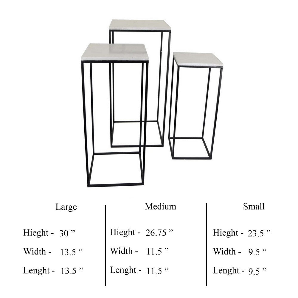 Plant Stand Table Set of 3 Black Metal Square White Marble Top BM331411