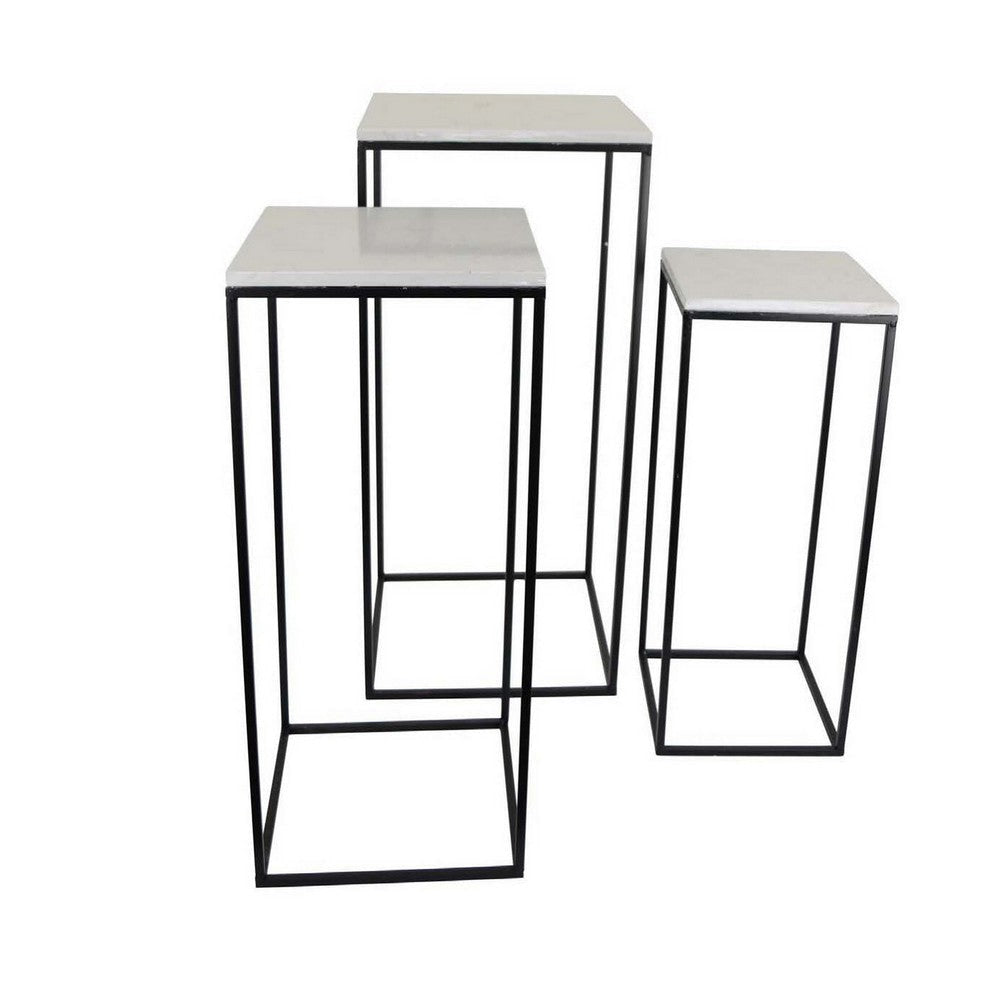 Plant Stand Table Set of 3, Black Metal, Square White Marble Top Benjara