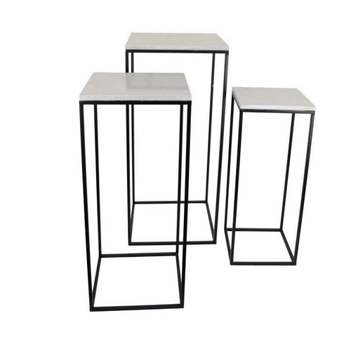Plant Stand Table Set of 3, Black Metal, Square White Marble Top