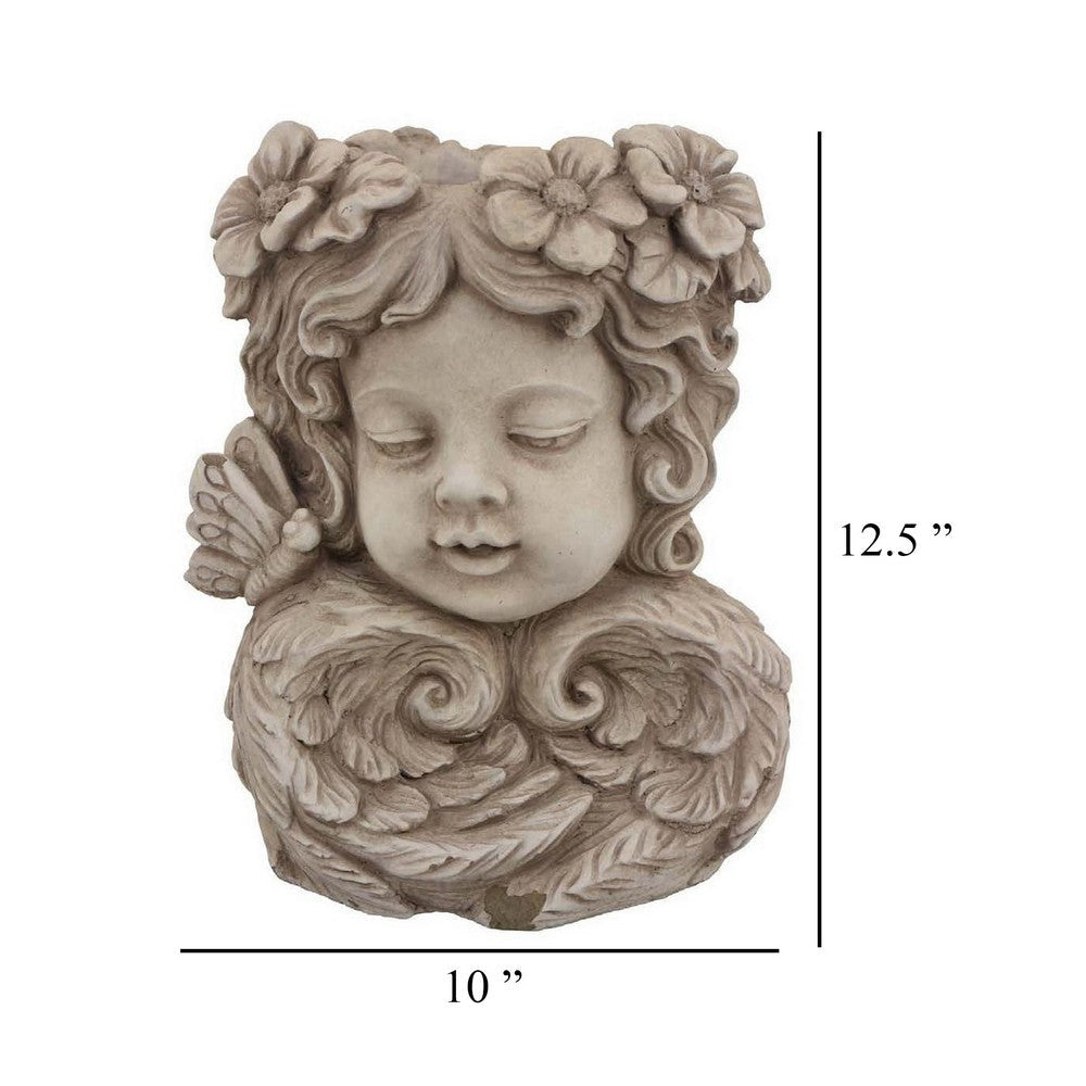 Accent Planter 13 Inch Face Design Floral Details Beige Terracotta BM331416