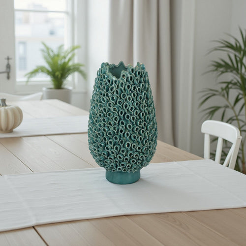 Accent Flower Vase, 3D Coral Textured Teal Green Ceramic 16 Inch
