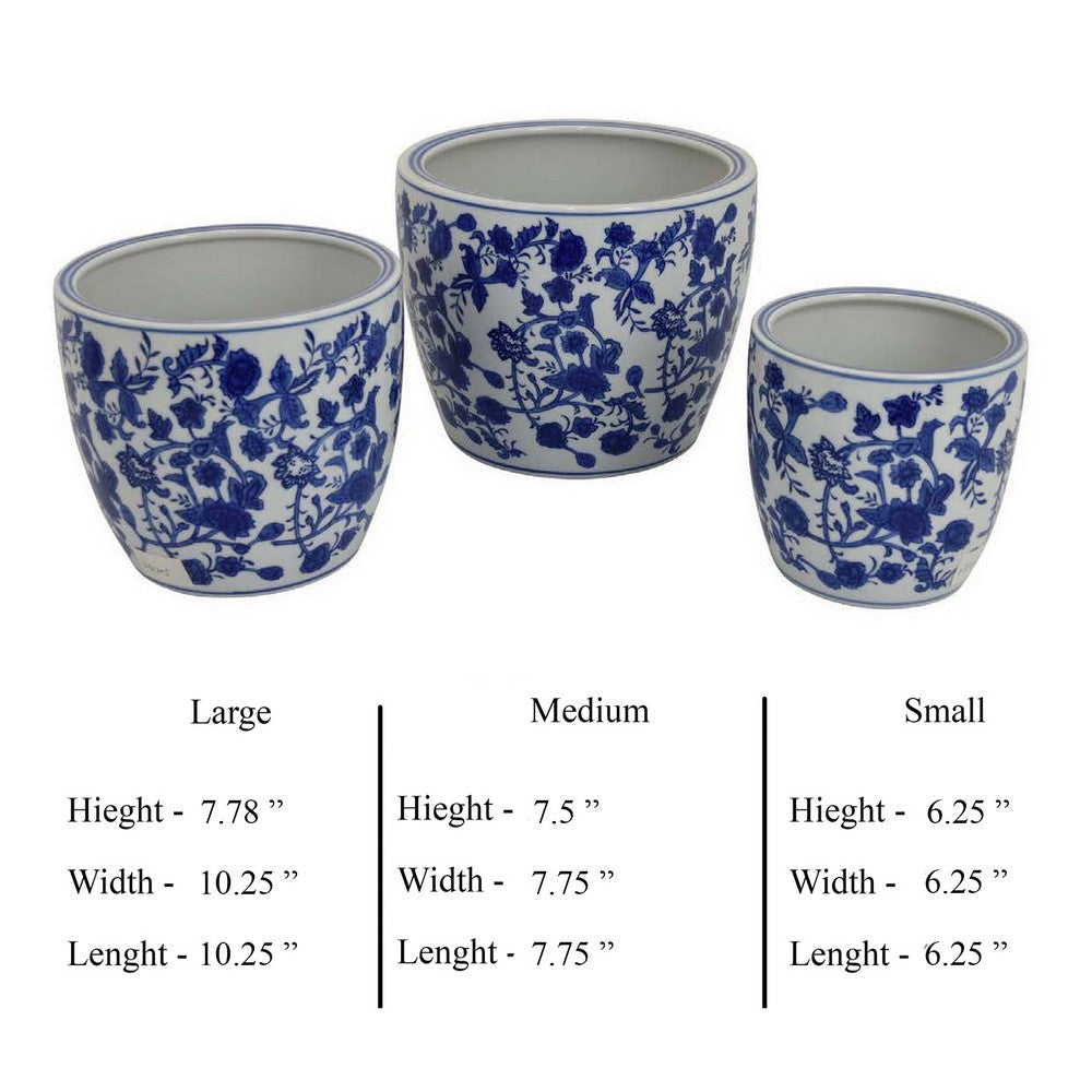 Garden Planter Set of 3 Classical Ceramic Blue White Floral Pattern