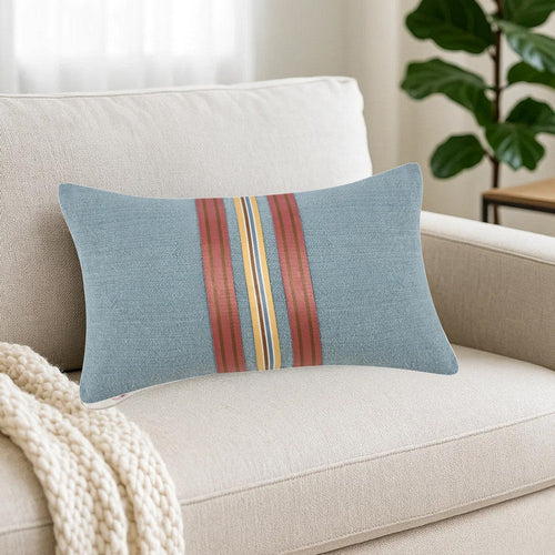 Reto Lumbar Throw Pillow, 14x26in Striped Applique, Blue Cotton Linen