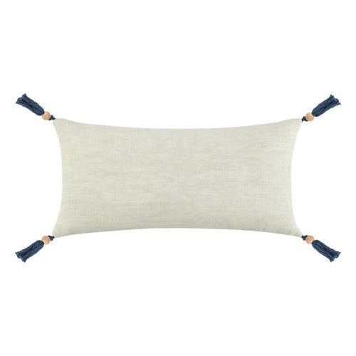 Chia Lumbar Throw Pillow, 16x36in Wood Bead Tassels, Light Gray Linen