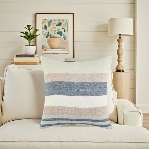 Diu Throw Pillow 22 Inch Woven Linen Coastal Striped White Gray Blue BM331589
