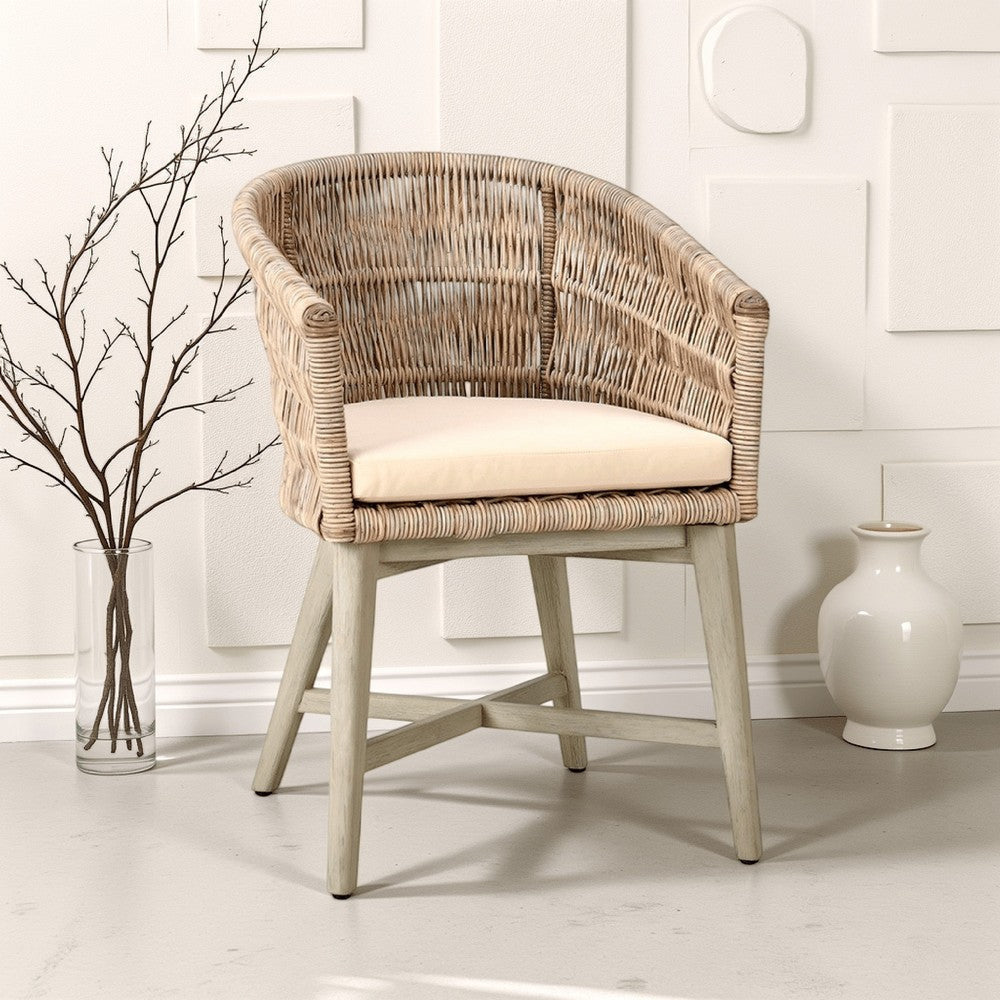 Zari Outdoor Dining Chair, Brown Mahogany Tapered Legs, Beige Olefin