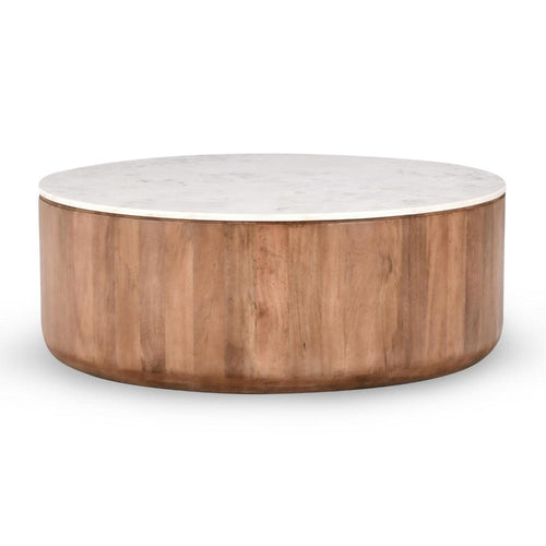 Yari Round Coffee Table, White Marble Top, Brown Mango Wood 46 Inch