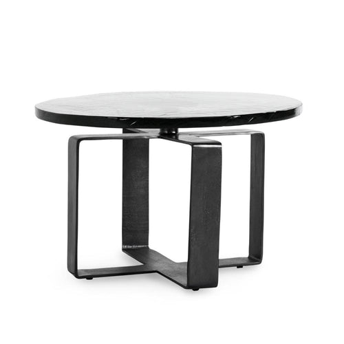 Ryeo Round Coffee Table with Wavy Cast Glass Top, Black Iron 28 Inch