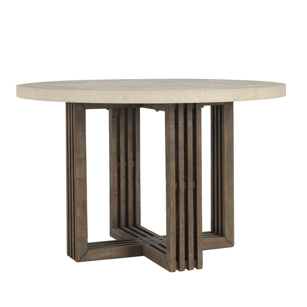 Vahn Dining Table with White Concrete Laminate Top, Pine Wood 47 Inch