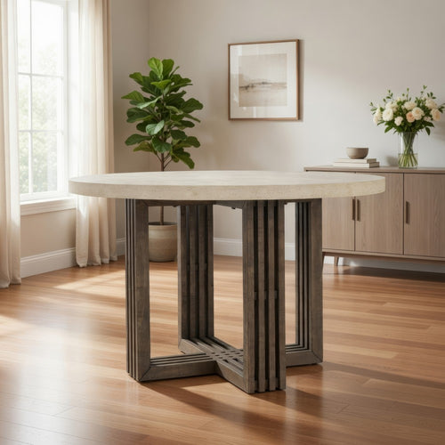 Vahn Dining Table with White Concrete Laminate Top, Pine Wood 47 Inch