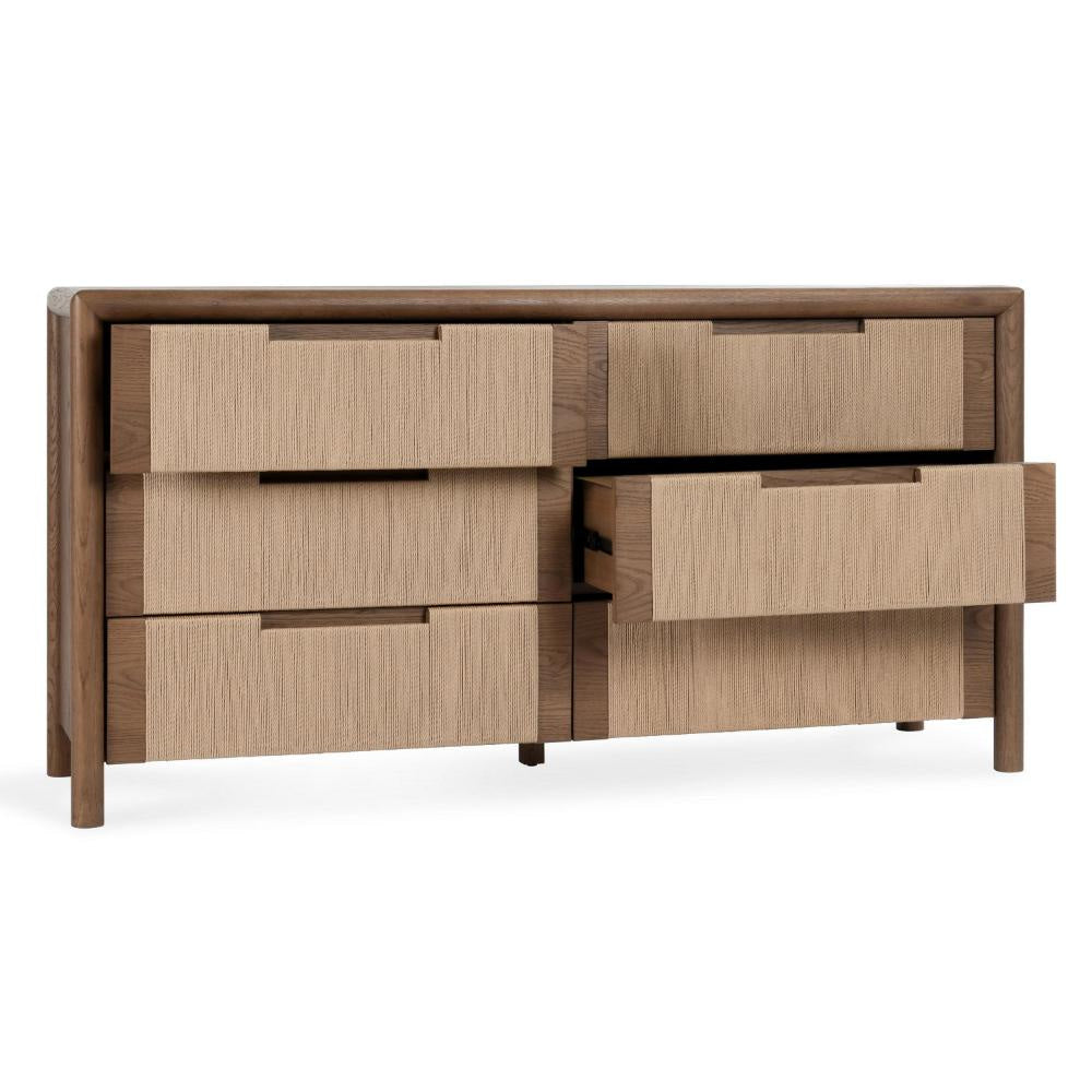 Oryn Wide Dresser Chest 6 Drawer Retro Design Dual Brown Oak Wood BM331632