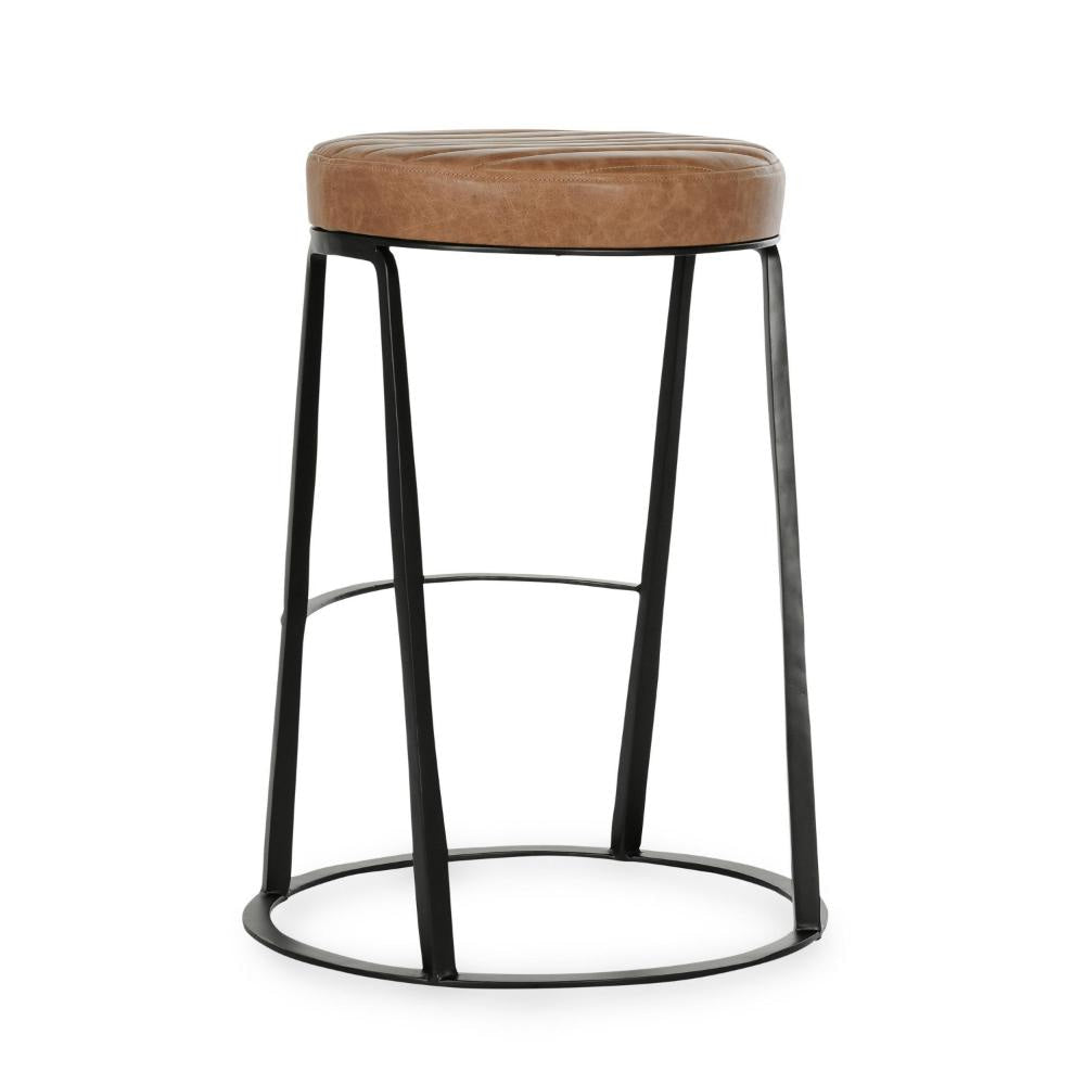 Luma Counter Stool with Footrest Industrial Black Iron Brown Leather BM331645