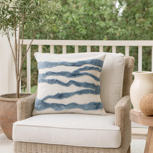 Poll Square Accent Throw Pillow, 22 Inch, Down Fill, Blue, Ivory Linen