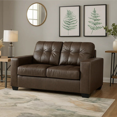 Ashley Barl Loveseat, Modern, 62 Inch Soft Tufted Dark Brown Faux Leather