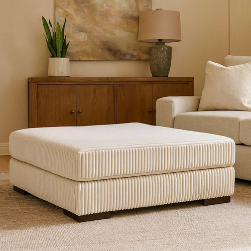 Ashley Lindy Accent Ottoman, Square 51 Inch Modern Style, Ivory Polyester
