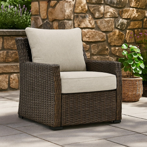 Ashley Soha Outdoor Lounge Chair, Brown Resin Wicker, Beige Nuvella Cushions