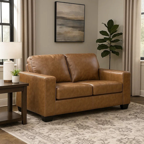 Ashley Miller Loveseat, Plush Caramel Brown Real and Faux Leather 62 Inch