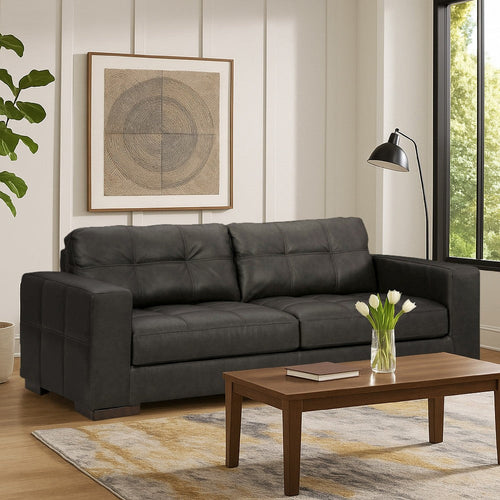 Ashley Lenie Sofa, Block Stitched Dark Gray Real and Faux Leather 96 Inch