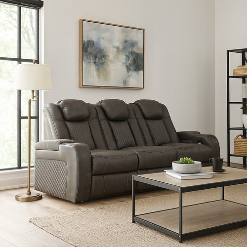 Ashley Fynne LED Power Reclining Sofa, USB Charger, Gray Faux Leather 85 Inch