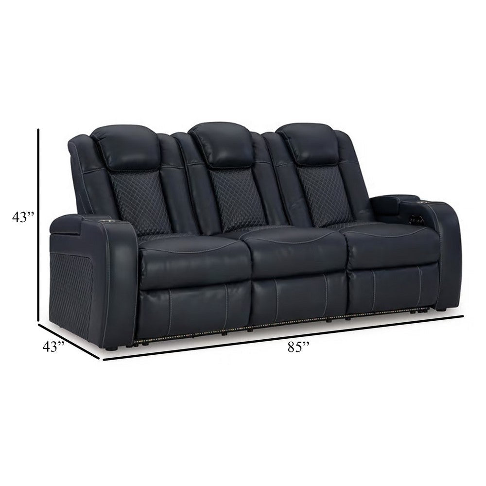 Ashley Fynne Power Reclining Sofa LEDs Sapphire Blue Faux Leather 85 Inch BM331820