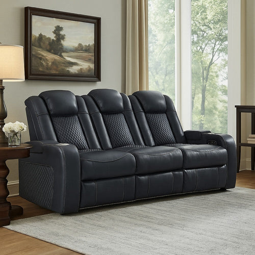 Ashley Fynne Power Reclining Sofa, LEDs, Sapphire Blue Faux Leather 85 Inch